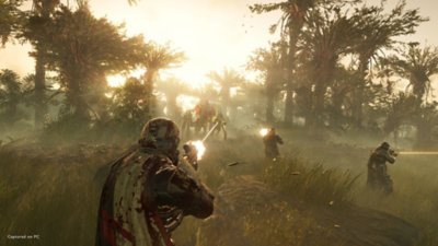 Helldivers 2 PC screenshot showing soldiers patrolling a field.