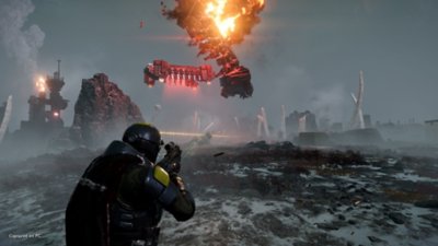 Helldivers 2 PC screenshot showing an aircraft exploding.