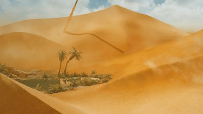Monster Hunter Wilds - Screenshot di un'oasi circondata da dune di sabbia nelle Piane ventose