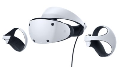 PSVR 2 -kuulokkeet ja -ohjaimet valkoisella taustalla 