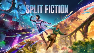 Split Fiction – Illustration principale montrant les deux personnages dans des mondes de SF et de fantasy, divisés par une ligne diagonale.
