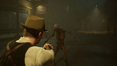 لقطة شاشة للعبة Alone in the Dark يظهر فيها رجل يصوب سلاحه نحو هيكل عظمي