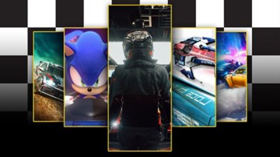 Nejlepší závodní hry – propagační klíčová grafika s hrami DiRT Rally 2, Team Sonic Racing, Gran Turismo 7, Wipeout Omega Collection a Need for Speed Heat.