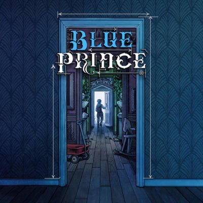 Blue Prince key art showing a character walking through a dark hallway.