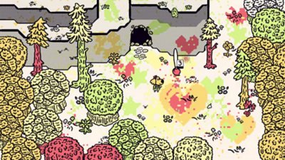 Chicory: A Colorful Tale snimak ekrana koji prikazuje glavnog lika koji boji šumsku scenu
