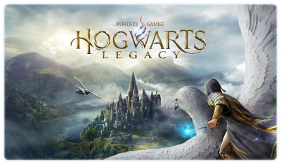 Hogwarts Legacy key art showing a character flying on a giant bird.