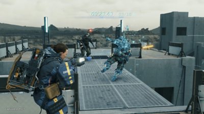 Death Stranding screenshot showing Sam training with weapons