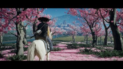 Ghost of Yōtei - Capture d'écran de cinématique montrant Atsu au milieu d'un bosquet d'arbres aux sublimes fleurs roses.