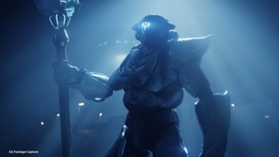 Helldivers 2 screenshot showing a towering figure in blue light