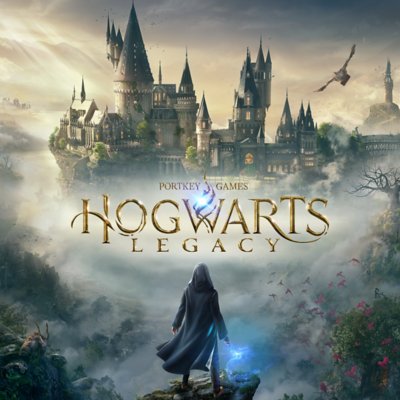 Hogwarts Legacy key art showing a hooded wizard looking at Hogwarts in the distance.