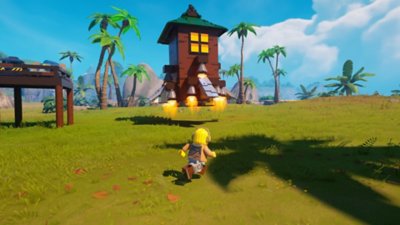 Snimak ekrana igre Lego Fortnite Odyssey na kom je prikazano kako LEGO čovečuljak trči ka kuli