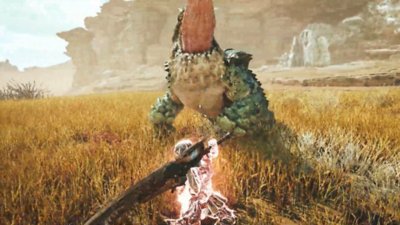 Monster Hunter Wilds - Screenshot di un cacciatore che usa la Modalità precisione contro un Chatacabra