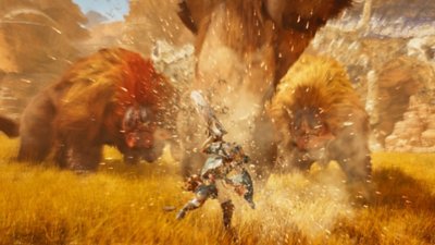 Monster Hunter Wilds - Screenshot di un cacciatore che sbilancia un mostro con una Attacco di reazione