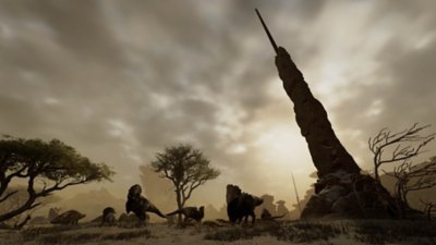 Monster Hunter Wilds - Immagine di sfondo che mostra diverse creature erbivore in un ambiente arido al tramonto.