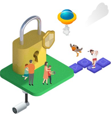A dreamlike image showing a family playing a video game in the vicinity of a giant padlock and a security camera.