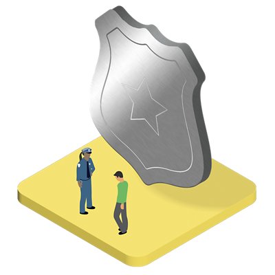 A dreamlike image showing a police officer talking to a downcast-looking individual in front of a giant police badge. 