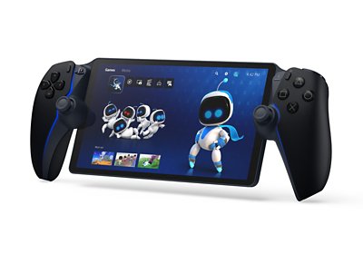 PlayStation Portal remote player in Midnight Black showing Astrobot on screen.