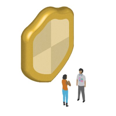 A dreamlike image showing an individual talking to a PlayStation employee, standing in front of a giant golden badge or shield.