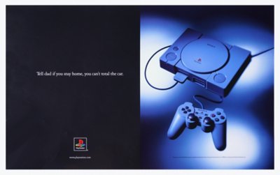 PS1 print ad, reading "tell dad if you stay home, you can't total the car"