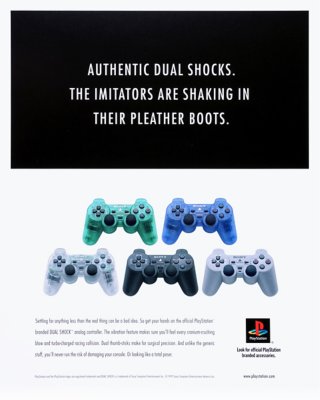 PS One print advert "original dualshocks, Imitators are shaking in their pleather boots"