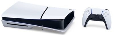 A PS5 console lying horizontally with a dualsense controller