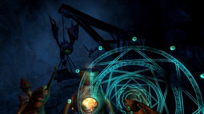 Shadowgate VR: The Mines of Mythrock screenshot showing the player using magic to fight flying enemies