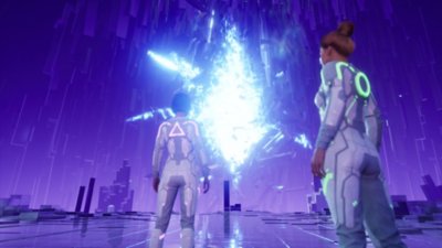 Split Fiction – Capture d’écran montrant Zoé et Mio dans un décor de science-fiction, observant une source d'énergie lumineuse.