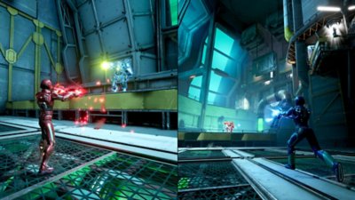 Split Fiction – Capture d’écran du gameplay en écran partagé dans un décor de science-fiction, dans lequel les deux joueurs affrontent des ennemis robotiques.