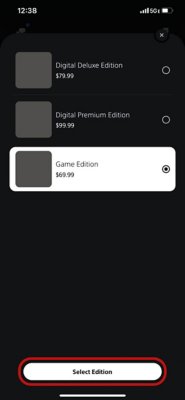 Side med detaljer om spil i PlayStation Store i PS App med menuen til valg af udgave valgt.