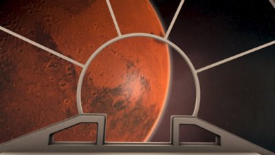 Surviving Mars Pioneer screenshot showing the surface of Mars from a spaceship window