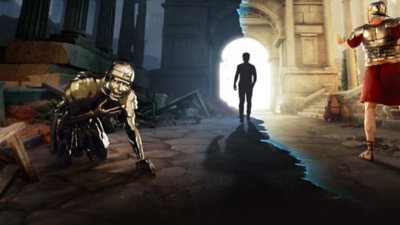صورة فنية أساسية لـThe Forgotten City تُظهر جنودًا وشخصًا يسيرون عبر باب.