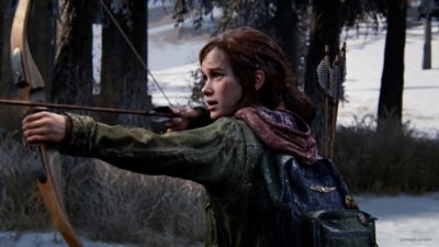 The Last of Us Part I screenshot showing Ellie aiming a bow and arrow