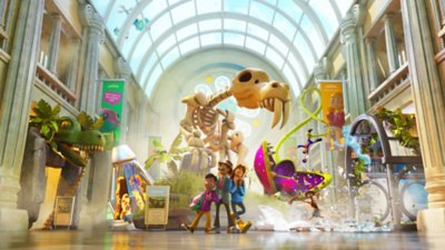 A Two Point Museum fő grafikája, rajta karakterek egy dinoszaurusz-csontváz előtt