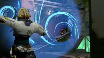 Valorant screenshot showing a character using an ability depicted as a round blue lightstream towards the back of an opponent